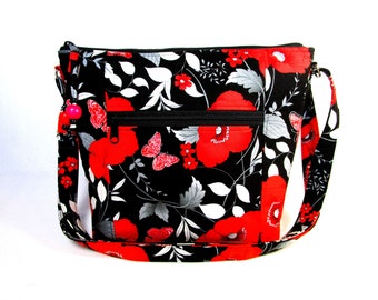 Butterfly Poppy Cross Body Fabric Purse Easy Pull Zipper Washable Handmade Bags Built-in Key Clip Lightweight Handbags Fast Free Shipping US