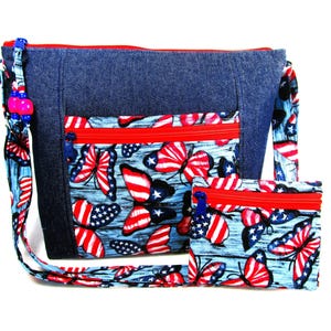 Vlinder Denim Cross Body Stoffen Portemonnee Bijpassend zakje met rits Verstelbare riem Handtas Snelle gratis verzending US Everyday Bag Cadeaus voor vrouwen