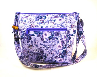 Lavender Floral Cross Body Fabric Purse Easy Pull Zipper Washable Handmade Bags Built-in Key Clip Lightweight Handbags Fast Free Shipping US