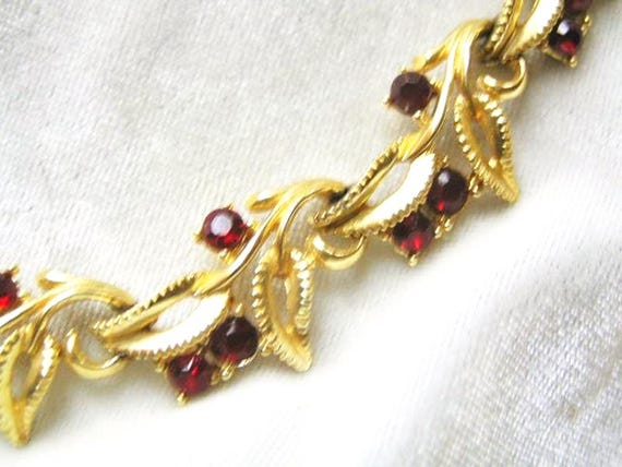 Deep Ruby and Scrolling Leaf Necklace Festive Vin… - image 1