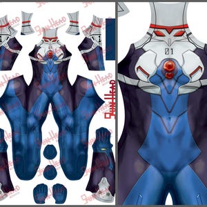 May include: A blue and purple bodysuit with white and red accents. The design includes a central red orb and the number "01". The image also shows the pattern pieces for the bodysuit, including gloves and other components. The text "X DESIGN" and "FUN HEAD" are visible.