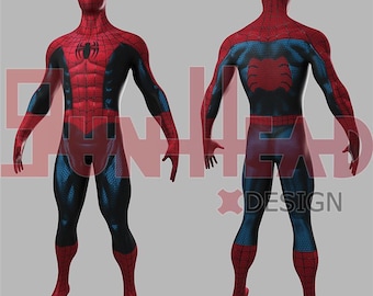 May include: A full-body red and black Spider-Man costume with a spider emblem on the chest. The costume features blue accents and a webbed design. The image shows both the front and back of the costume.