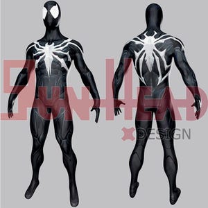 May include: A black and white Spider-Man costume with a large white spider emblem on the chest and back. The costume has a sleek, form-fitting design with white eye shapes on the mask. The image shows both the front and back views of the costume.