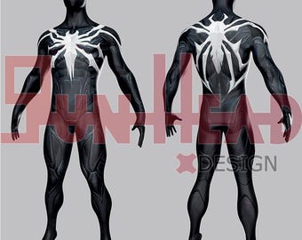 May include: A black and white Spider-Man costume featuring a large white spider emblem on the chest and back. The costume has a sleek, form-fitting design with white eye shapes on the mask. The image shows both the front and back views of the costume.