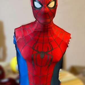 May include: A Spider-Man costume bust featuring a red and blue color scheme. The costume has a detailed web pattern and a large black spider emblem on the chest. The mask has white eye lenses.