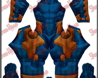May include: A blue and orange costume pattern, featuring a helmet, torso, arms, legs, and gloves. The design has a metallic appearance with intricate details and a textured surface. The costume is likely for cosplay or a themed event.