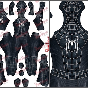 May include: Black Spider-Man costume pattern with white spider emblem and web design. Includes various cut pieces for the full body suit, gloves, and mask. The costume is designed with a textured, web-like pattern.