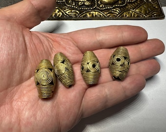 African Brass Beads: Handmade Lost Wax Tribal Beads from Ghana (Pair)