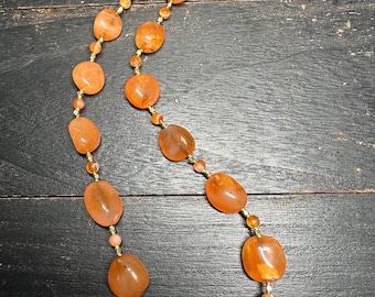 Handmade Nepal Carnelian Bead Necklace  Natural Orange Gemstone Tribal Jewelry with Brass Spacers