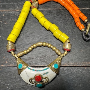 Ethnic Tibetan Jewelry Tribal Brass Sea Shell Horn Amulet Pendant with Turquoise Inlay, Handmade Boho Statement Necklace