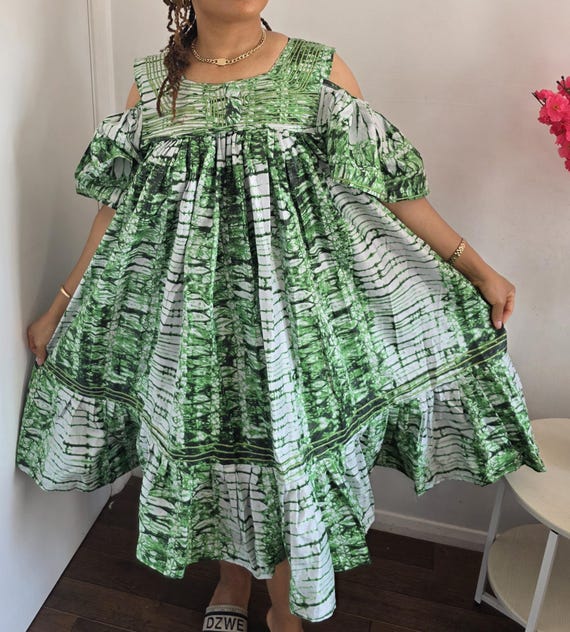 flowy ankara dresses Green African Print Ruffle Dress with Matching Headwrap | Oversized Dress GL-03.03.25