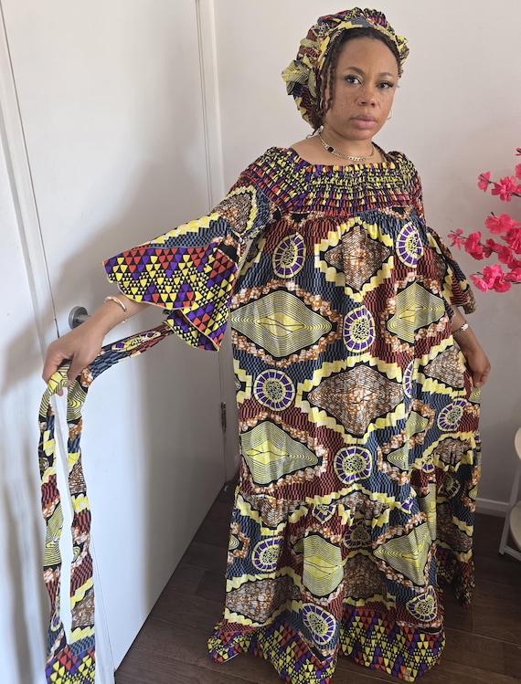 african boho dress Print Smocked Maxi With Matching Headwrap | Oversized Ankara Dress Midi length