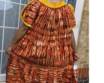 Bold African Print Off-Shoulder Dress: Handmade Ankara with Yellow Drawstring