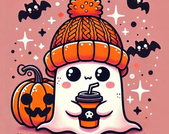 Accogliente fantasma di Halloween con zucca e bevanda