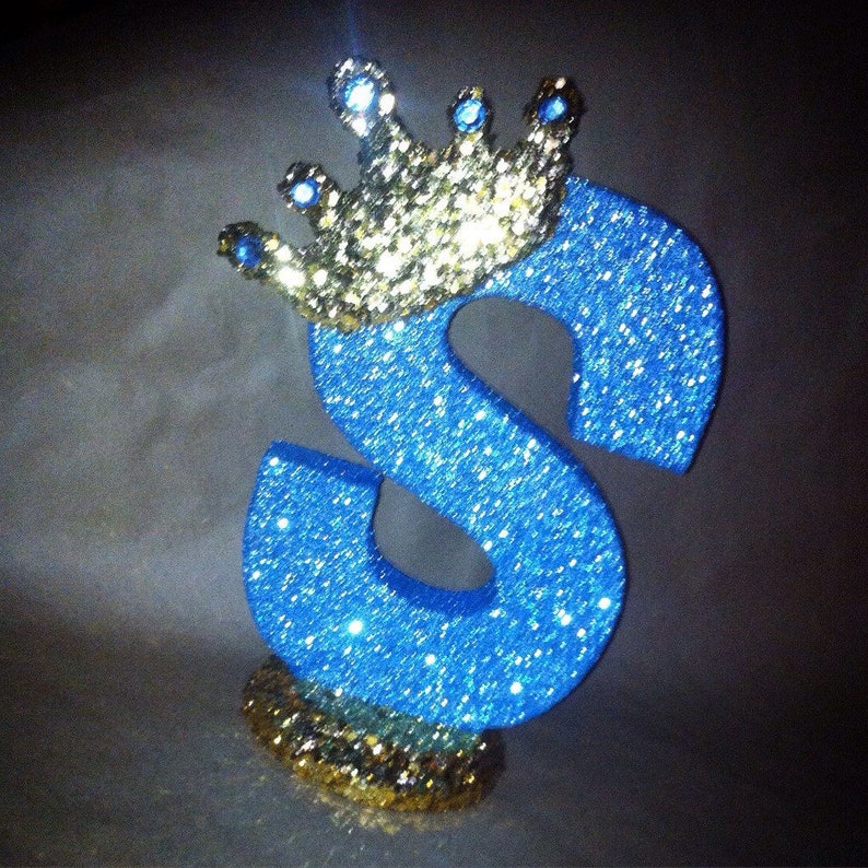 Glitter crown centerpieces Royal themed centerpieces for baby shower centerpieces Prince theme or Princess theme 10 sparkling letters or numbers!