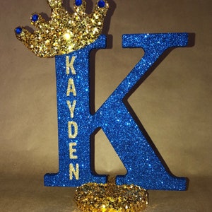 Sparkle letters with crown.  Royal themed decoration for party decorations, photo props, baby showers, table numbers, princess and prince