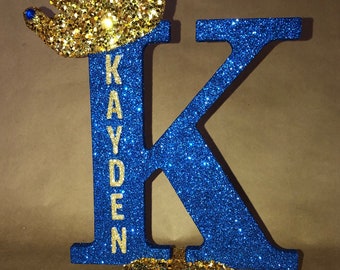 Sparkle letters with crown.  Royal themed decoration for party decorations, photo props, baby showers, table numbers, princess and prince