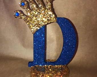 11" top to bottom Sparkle letters with crown.  Royal themed decoration for party decorations, baby showers, princess and prince