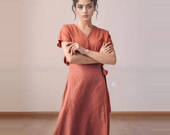 Linen A-Line Wrap Skirt With Ties, Midi Skirt, Minimalist Linen Clothing For Women, Casual Elegant Style