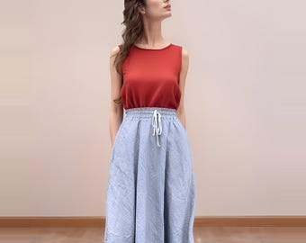 High Waist A-Line Linen Skirt, Elastic Band Fit, Casual Midi Skirt with Pockets for Everyday Wear, Minimalist Linen Outfit