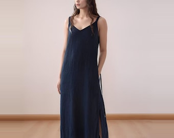 Linen Slip Dress, Minimalist Maxi Spaghetti Strap Dress, Summer Resort Dress with Side Slit, Sleeveless Linen Sundress