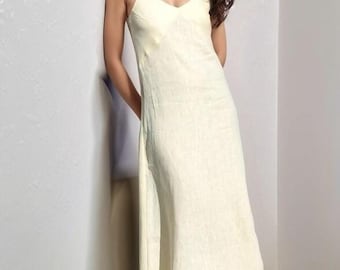 Sleeveless Linen Maxi Dress, Summer Slip Strap Dress, Minimalist Boho Linen Outfit
