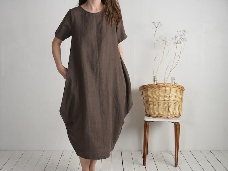 Vestido de lino extragrande con mangas abullonadas, conjunto premamá bohemio y holgado, ropa natural sostenible, vestido minimalista de lino.