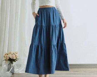 Tiered Cotton Maxi Skirt, Summer Cotton Skirt, Boho Elastic Waist Long Skirt with Pockets, Casual Summer Skirt, Minimalist Linen Outfit