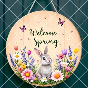 Adorable Bunny Sublimation Door Hanger, Easter Bunny Welcome Sign PNG, Spring Round Wooden Design, Downloadable