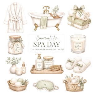 Spa-dag akvarell Clipart-paket, salviagrön självvård PNG, spa-bad Clipart, avslappnande ljusmantelhanddukar, kommersiellt bruk, omedelbar nedladdning