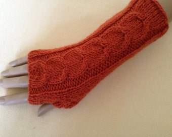 Luxury Hand Knitted Soft Merino Wool Fingerless Gloves/Mittens Arm Wrist Warmers, Autumn Leaf (Burnt Orange)