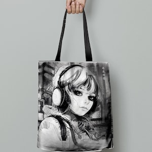 以下が含まれることがあります： 白黒のトートバッグに、ヘッドホンをつけた人物のイラストが描かれています。人物はショートヘアで、横を向いています。バッグには「あお空」の文字が書かれています。