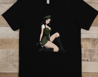 Maglietta grafica con pin-up seducente dell'esercito, ottimo regalo per lui o per lei, maglietta con design sexy di pin-up anime, maglietta con ragazza dell'esercito, regalo per gli amanti degli anime