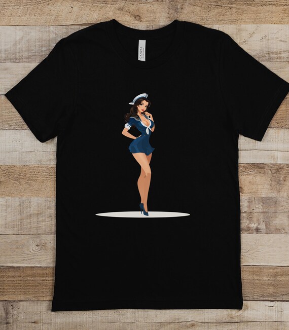 美品✨DAIRIKU 20AW Pinup Girl Sleeve Tee Hot Navy Pinup Graphic Art Shirt, Great Gift for Him or Her, Sexy