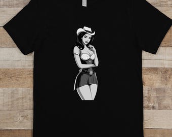 Sexy Cowgirl Pinup T-Shirt mit grafischer Kunst, tolles Geschenk für Sie und Ihn, süßes Anime Pin-Up-Design T-Shirt, 1950er Jahre ästhetisches T-Shirt, Anime-Liebhaber-Geschenk