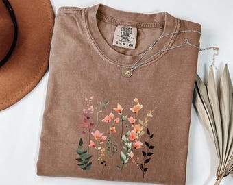 Camiseta de flores silvestres, camiseta floral estilo cottagecore, camiseta de naturaleza, camiseta de flores silvestres, camiseta botánica, camiseta de flores, camiseta de flores silvestres, regalo bohemio