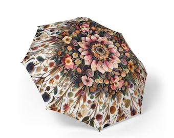 Floral Mandala Umbrella, Stylish Rain Gear, Compact Travel Umbrella, Gift for Her, Flower Print Umbrella, Flower Lover's Gift