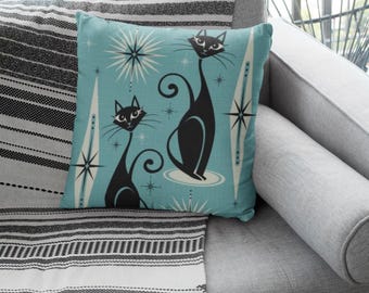 Mid Century Modern Cat Throw Pillow Retro Kitty Accent Cushion Cat Lover Gift