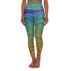 Ocean Print Yoga Leggings Blue High Waisted Workout Pants Sea Theme Athletic Tights Beach Fitness Leggings Summer Leggings