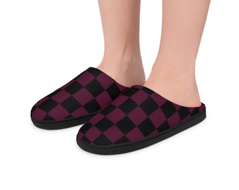 Schwarz Karierte Hausschuhe, Damenhaus Pantoletten, Indoor Slip-On-Schuhe, Gemütliche Damenschuhe, Karierte Schlafzimmer Abnutzungsspuren