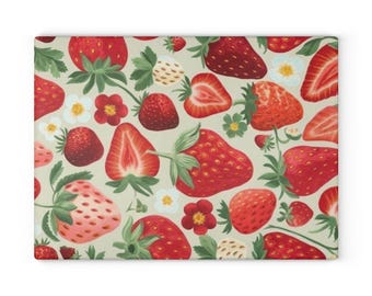 Tábua de corte de vidro com estampa de morango | Decoração de cozinha com frutas vermelhas