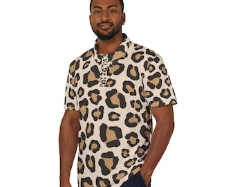Leopard Print Unisex Polo Shirt, Soft Beige Button-up, Minimalist