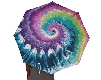 Tie-Dye Spiral Umbrella | Rainbow Swirl Foldable Rain Umbrella