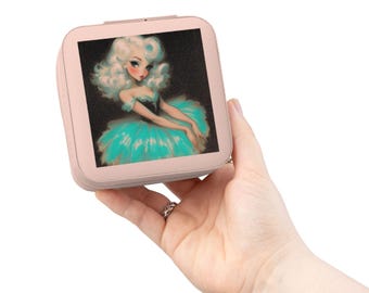 Vintage Doll Illustration Jewelry Travel Case | Compact Organizer for Rings, Earrings, Necklaces