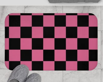 Pink and Black Checkerboard Bath Mat | Retro Square Pattern