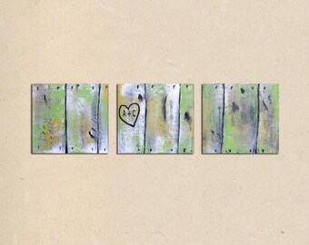rustic faux wood wall fence, original PAINTING art- personalized with names or initials, rustic home decor, rustic wall decor, wedding gift