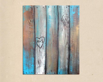 rustic faux wood fence, PAINTING art personalize with names or initials, rustic home decor, rustic wall decor, wedding gift