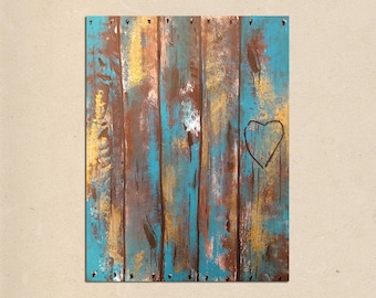 rustic faux wood fence, original PAINTING art- personalized with names or initials, rustic home decor, rustic wall decor, wedding gift