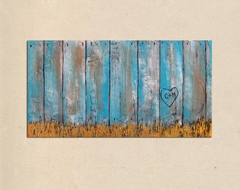 customized heart -- rustic contemporary faux wood fence original PAINTING art-- personalized with your names or initials