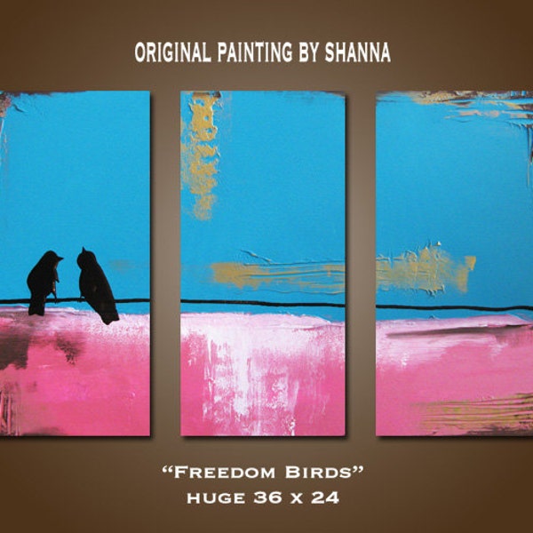 Freedom Birds - HUGE 36 x 24, Heavy Textured, ORIGINAL, Contemporary Abstract Bird PAINTING Art, Valentines Day